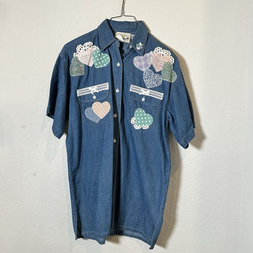 Vintage Amrav Shirt Womens S Short Sleeve Blue Denim Hearts Applique Lace 90s